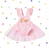 Lacey - Baby Girls First Birthday Lace Romper + Glitter One.